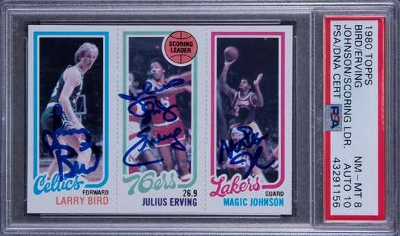 1980-81 Topps Larry Bird, Julius Erving and Magic Johnson Rookie Card – Signed by All Three Hall of Famers! – PSA NM-MT 8, PSA/DNA GEM MT 10 Signature!
